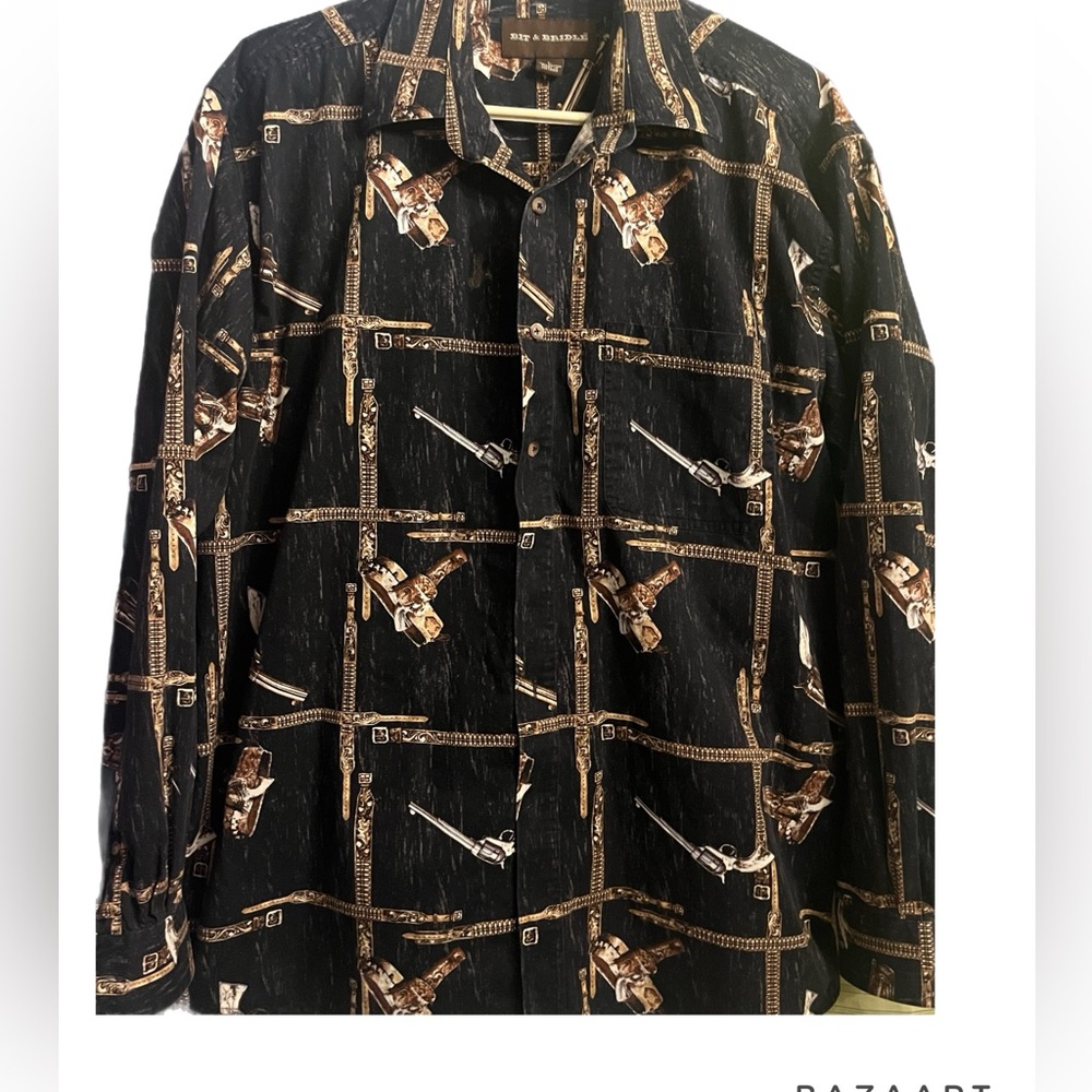 Bit Bridle Button Down Shirt Long Sleeve Men's L Black w/ Revolver Guns